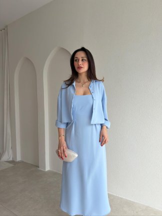 İNOX Midi Elbise & Gömlek Takım 5492 - Bebe Mavi - 2