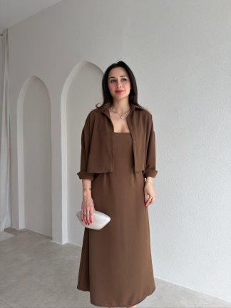İNOX Midi Elbise & Gömlek Takım 5492 - Kahverengi - 2