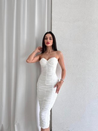  Drapeli SAMUEL Elbise 4345 - Beyaz - 2