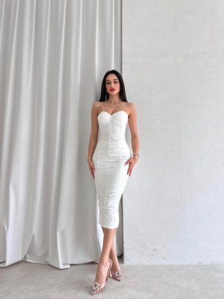  Drapeli SAMUEL Elbise 4345 - Beyaz - 3