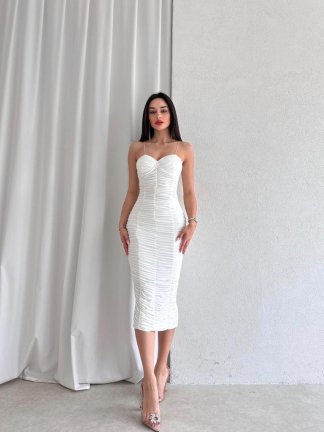  Drapeli SAMUEL Elbise 4345 - Beyaz - 4