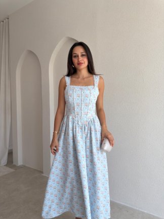 İRON Çiçek Desenli Midi Elbise 3751 - Bebe Mavi - 2
