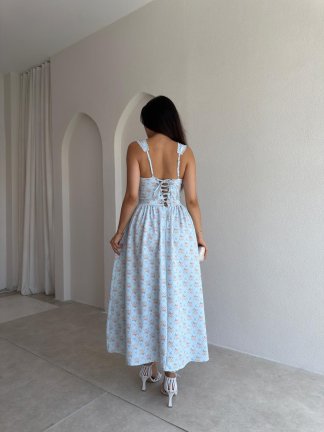 İRON Çiçek Desenli Midi Elbise 3751 - Bebe Mavi - 3