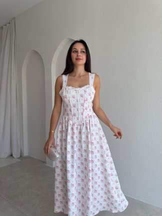 İRON Çiçek Desenli Midi Elbise 3751 - Beyaz - 2