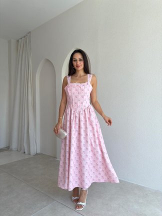 İRON Çiçek Desenli Midi Elbise 3751 - Pembe - 1