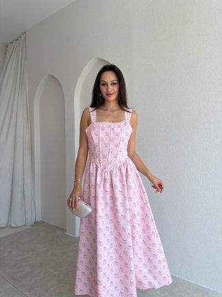 İRON Çiçek Desenli Midi Elbise 3751 - Pembe - 2