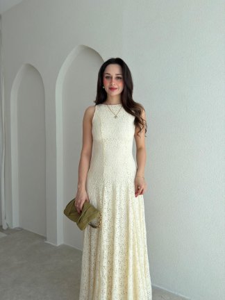 İVORY Dantelli Midi Elbise 7456 - Ekru - 2