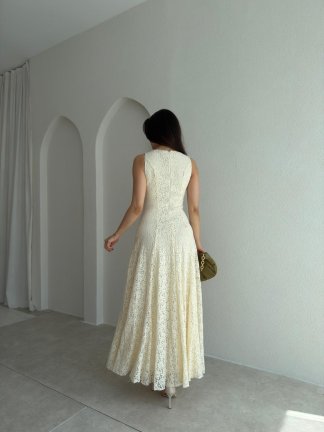 İVORY Dantelli Midi Elbise 7456 - Ekru - 3
