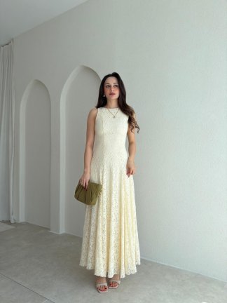 İVORY Dantelli Midi Elbise 7456 - Ekru 