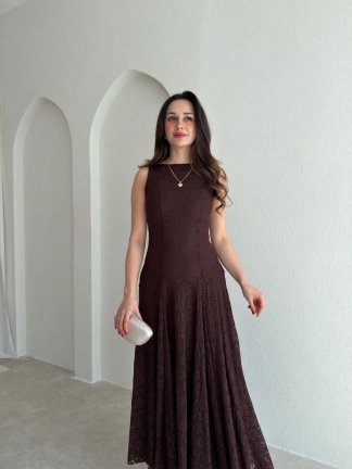 İVORY Dantelli Midi Elbise 7456 - Acı Kahve - 2