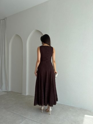 İVORY Dantelli Midi Elbise 7456 - Acı Kahve - 3