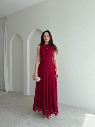 İVORY Dantelli Midi Elbise 7456 - Bordo 