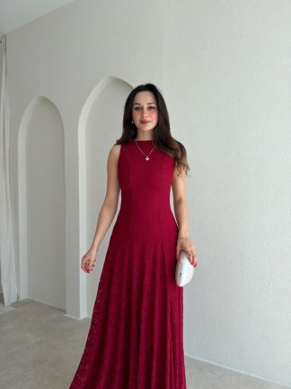 İVORY Dantelli Midi Elbise 7456 - Bordo - 2