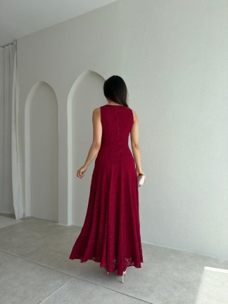 İVORY Dantelli Midi Elbise 7456 - Bordo - 3