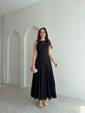 İVORY Dantelli Midi Elbise 7456 - Siyah - 1