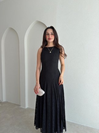 İVORY Dantelli Midi Elbise 7456 - Siyah - 2