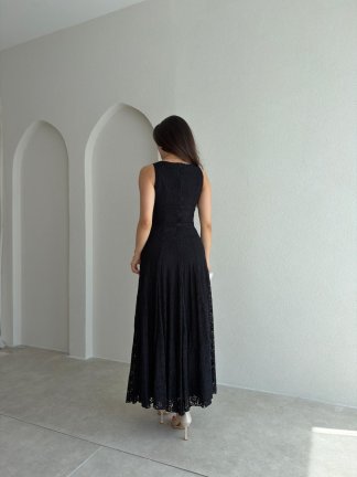 İVORY Dantelli Midi Elbise 7456 - Siyah - 3