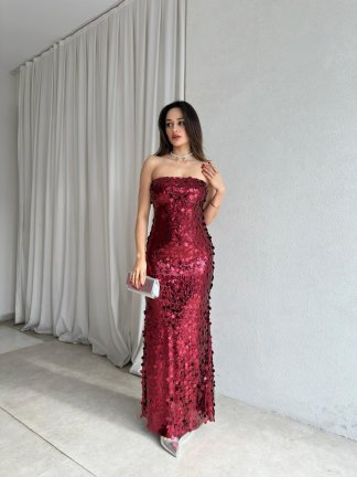 JADORE Payetli Maxi Elbise 8679 - Bordo - 1