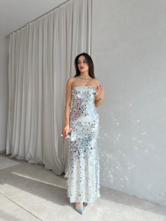 JADORE Payetli Maxi Elbise 8679 - Silver 