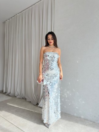 JADORE Payetli Maxi Elbise 8679 - Silver - 4