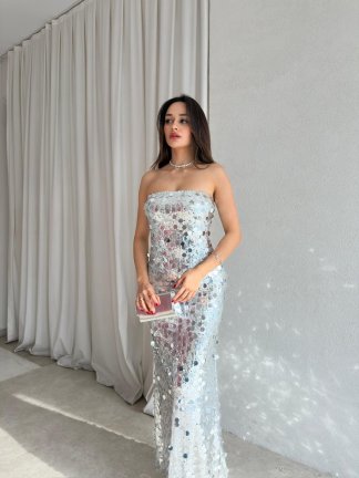 JADORE Payetli Maxi Elbise 8679 - Silver - 5