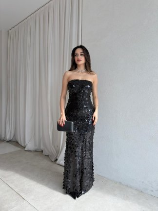 JADORE Payetli Maxi Elbise 8679 - Siyah - 5