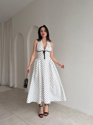 JASPER Puantiyeli Elbise 3876 - Beyaz - 2