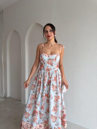 JENNY Çicek Desenli Keten Elbise 3030 - Bebe Mavisi - 2