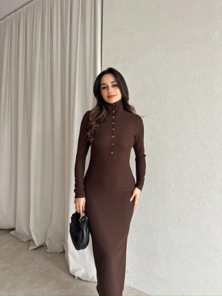  JERF Midi Elbise 8782 - Acı Kahve 