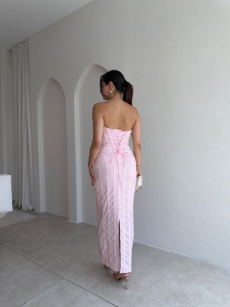JİMMY Straplez Midi Elbise 4020 - Pembe - 3