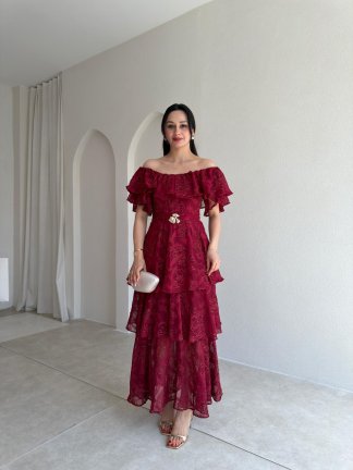 JODIE Düşük Omuzlu Elbise 8970 - Bordo 