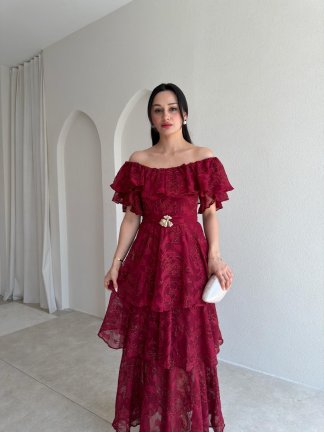 JODIE Düşük Omuzlu Elbise 8970 - Bordo - 2