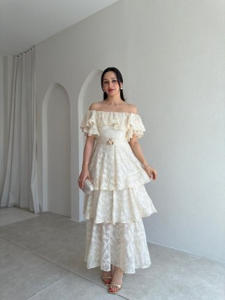 JODIE Düşük Omuzlu Elbise 8970 - Krem 