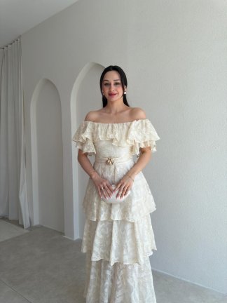 JODIE Düşük Omuzlu Elbise 8970 - Krem - 2