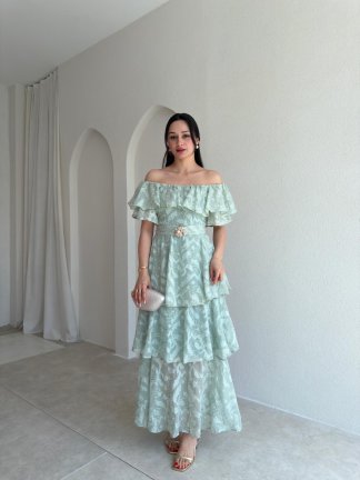 JODİE Düşük Omuzlu Maxi Elbise 8970 - Mint 