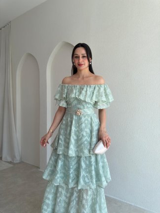 JODİE Düşük Omuzlu Maxi Elbise 8970 - Mint - 2