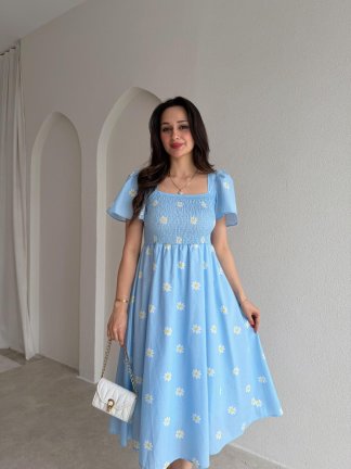  JOWE Papatya Desenli Midi Elbise 9008 - Bebe Mavisi - 2