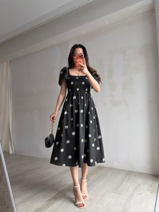 JOWE Papatya Desenli Midi Elbise 9008 - Siyah - 4