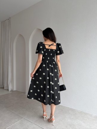 JOWE Papatya Desenli Midi Elbise 9008 - Siyah - 3