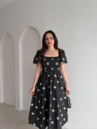 JOWE Papatya Desenli Midi Elbise 9008 - Siyah - 2