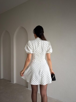 JULES Korse Detaylı Puantiyeli Mini Elbise 9012 - Beyaz - 3