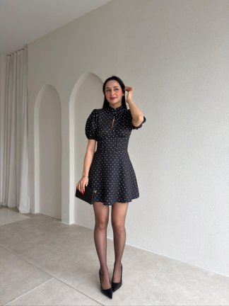 JULES Korse Detaylı Puantiyeli Mini Elbise 9012 - Siyah - 2