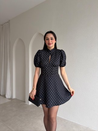 JULES Korse Detaylı Puantiyeli Mini Elbise 9012 - Siyah 