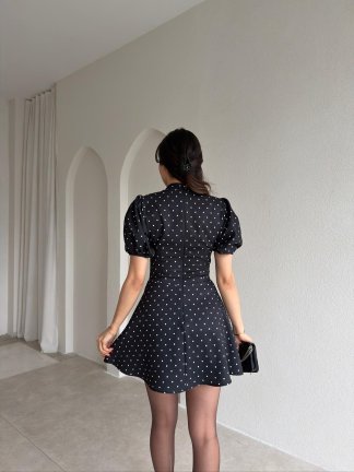 JULES Korse Detaylı Puantiyeli Mini Elbise 9012 - Siyah - 3