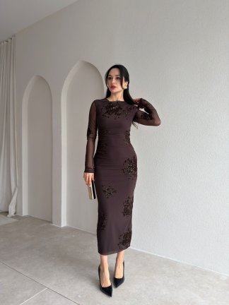 JULİA Taş Desenli Midi Elbise 9068 - Acı Kahve - 2