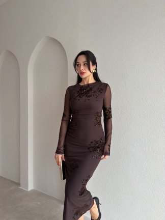 JULİA Taş Desenli Midi Elbise 9068 - Acı Kahve 