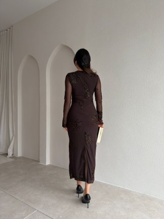 JULİA Taş Desenli Midi Elbise 9068 - Acı Kahve - 3