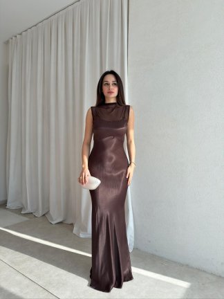 JUSTİN Saten Maxi Elbise 8825 - Acı Kahve 