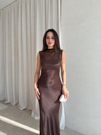 JUSTİN Saten Maxi Elbise 8825 - Acı Kahve - 1