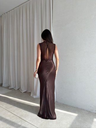 JUSTİN Saten Maxi Elbise 8825 - Acı Kahve - 3
